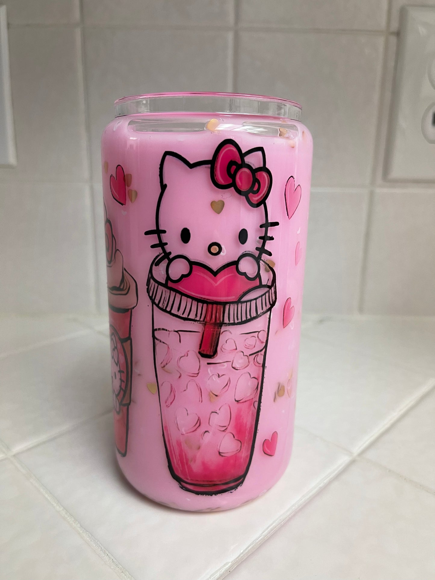 Pink Kitty Snow Globe Glass Can